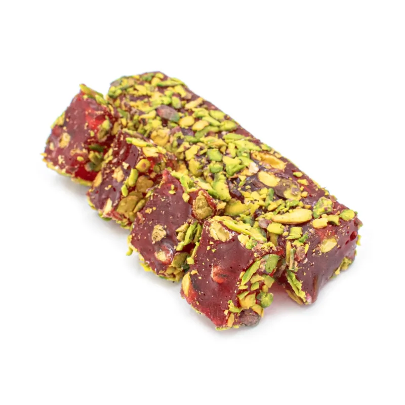 Pomegranate Turkish delight stuffed and wrapped with pistachio.
